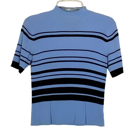 Worthington Essentials size L  blue and navy stripe short sleeve sweater - Picture 1 of 5